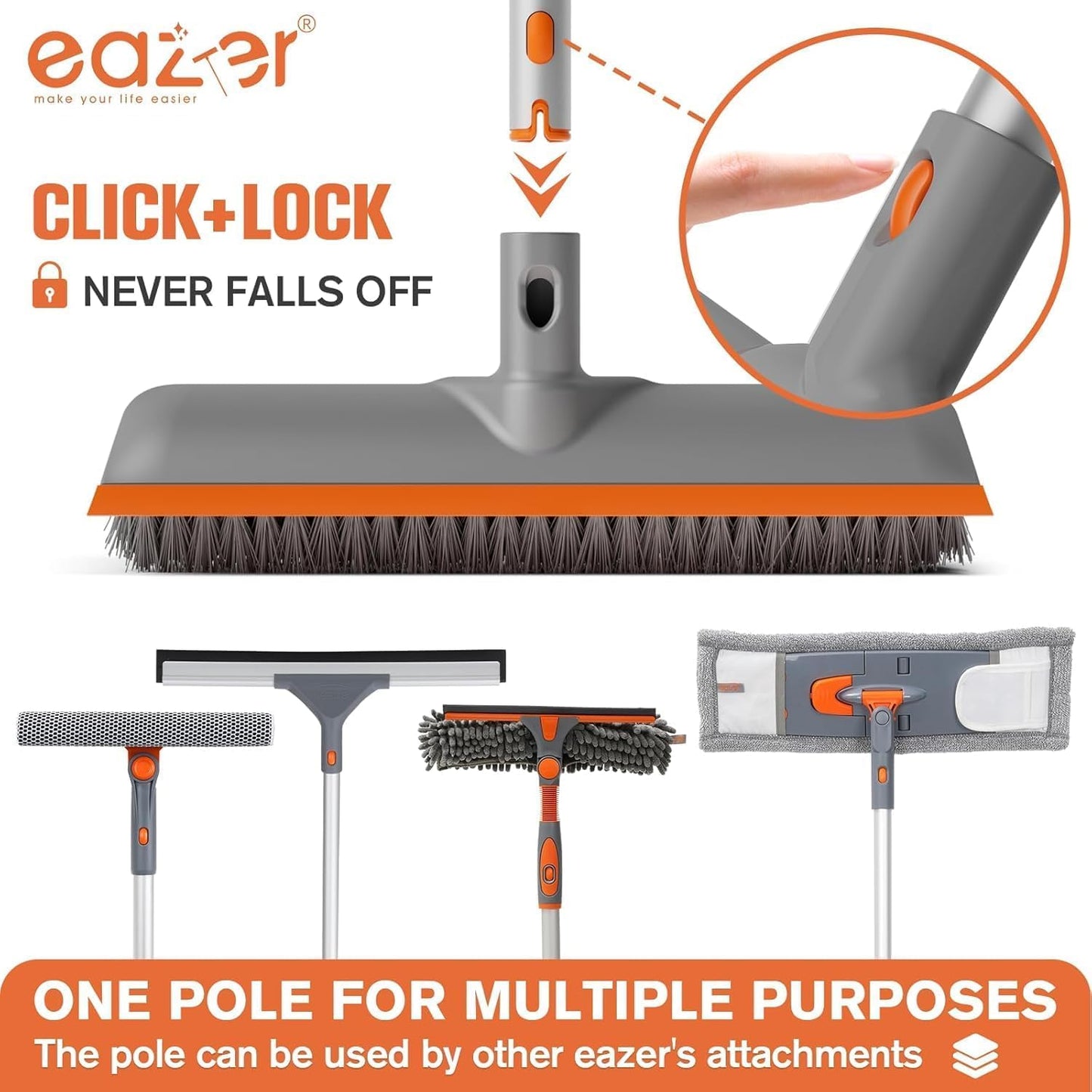 Eazer Floor Scrubber Brush, 2-in-1 Deck Scrubber Brush with Long Handle, Soft & Hard Bristle Brush for Cleaning Concrete, Squeegee Broom for Floor,Bathroom Garage,Kitchen,Wall,Tile and Swimming Pool