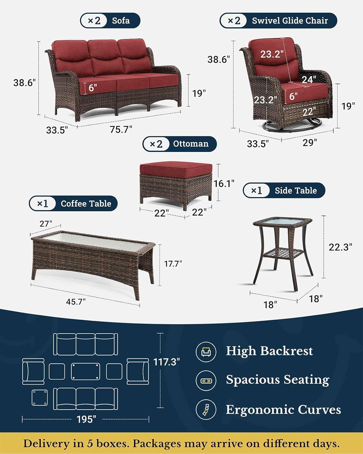 HILLGA Luxury Patio Furniture Set with 6-inch Thick Cushion, Outdoor Couch and High Back Swivel Rocker Patio Chairs, 8PCS Wicker Conversation Set for Deck Yard and Poolside, Burgundy (V2)