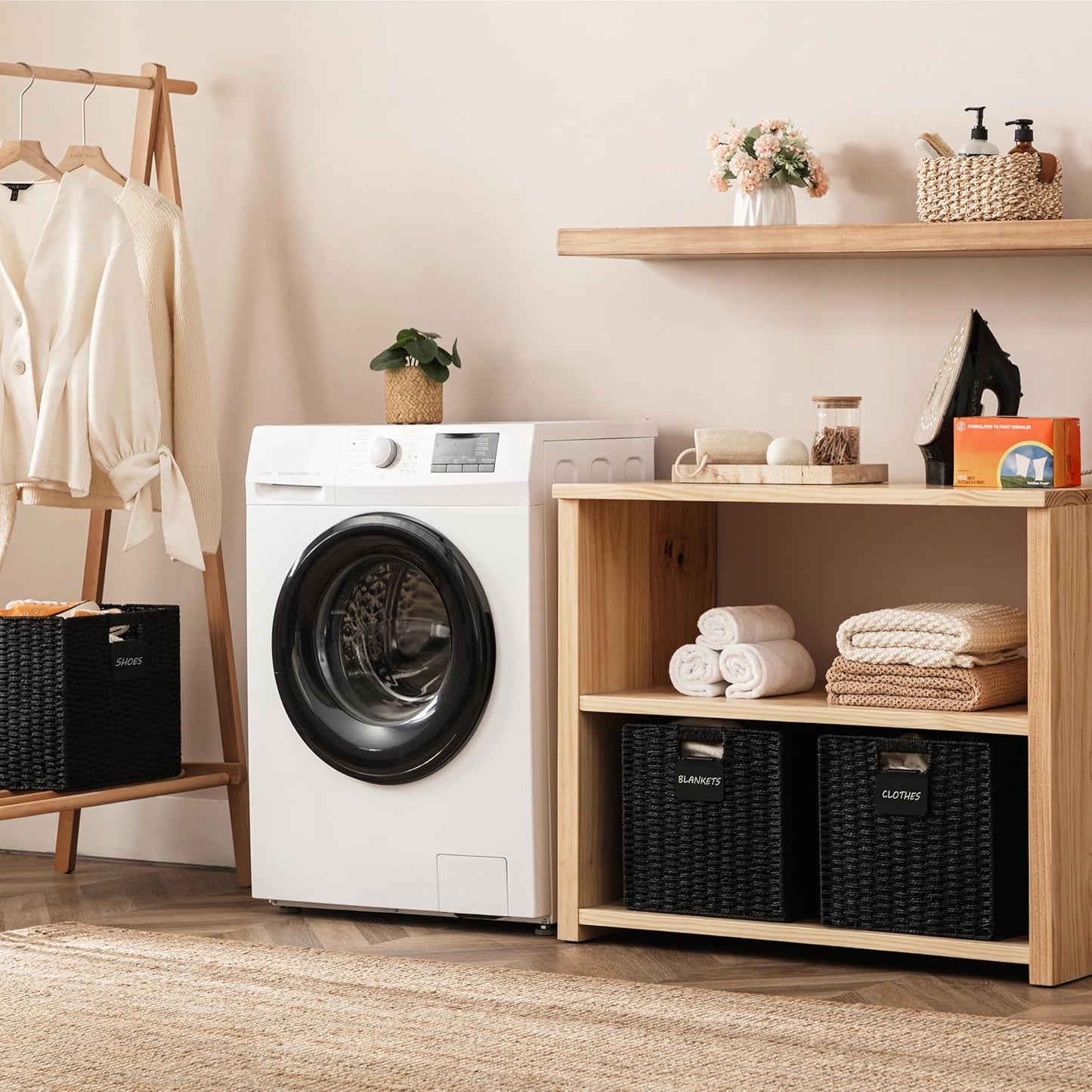 UBBCARE 2 Pack Wicker Basket, 13×13 Storage Cubes with Label, Foldable Cube Storage Bin with Handle, Square Storage Basket for Shelves, Woven Paper Rope Basket for Organizing, Black