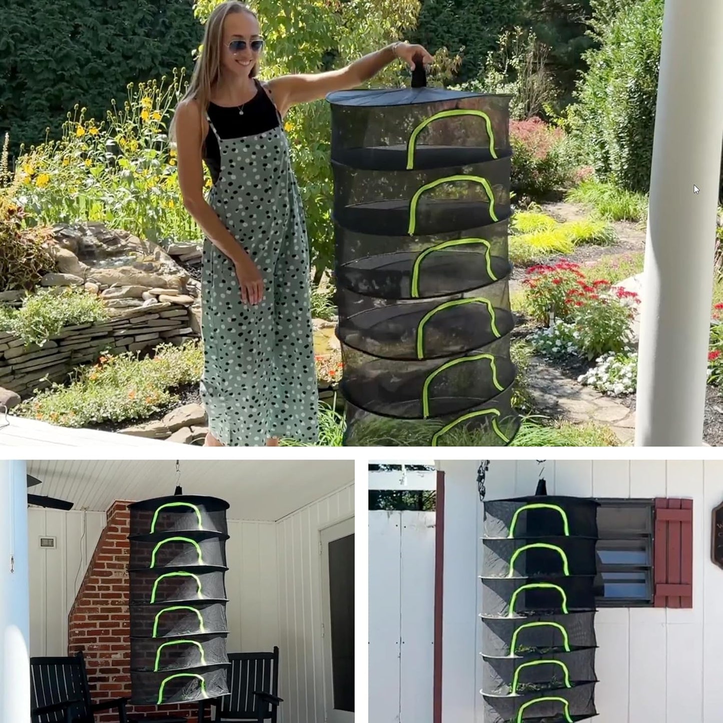 Herb Drying Rack Hanging Mesh 6 Layer 24" with Zipper, Gloves, Garden Pruning Shear, Hook & Carabiner Clip for Drying Herbs, Plants, Seeds, Buds | Outdoor, Hydroponics Herb Dryer Hanging Rack