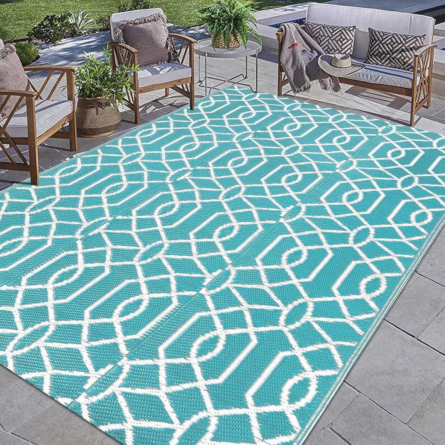 HEBE Outdoor Rug Waterproof 8x10, Reversible Plastic Straw Rug RV Camping Rug, Indoor Outdoor Patio Mat Clearance, Outside Carpet for Porch,Deck,Camper,Balcony,Backyard,Picnic