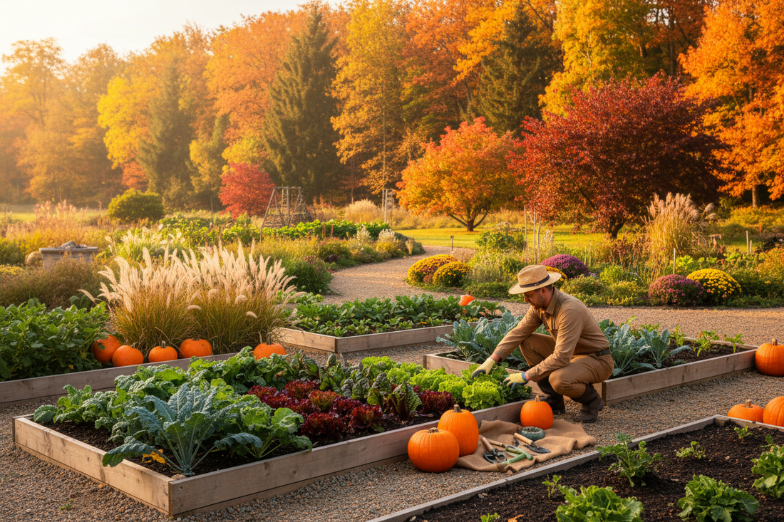 Beautiful autumn garden with fall vegetables, colorful foliage, and seasonal plantings transitioning from summer to fall