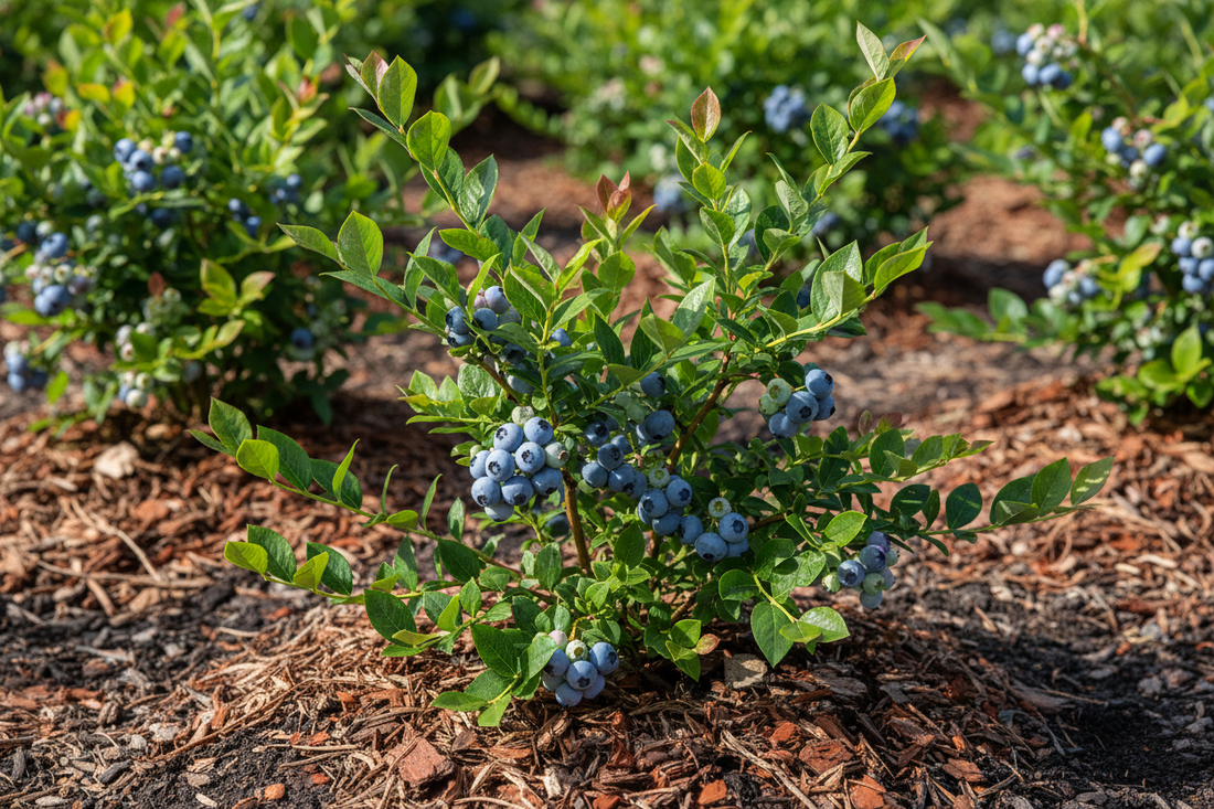Healthy blueberry plants with ripe berries growing in acidic soil with pine bark mulch in a garden setting