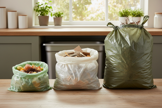 Different sizes of compostable bags displayed side by side, from small countertop bags to large outdoor compost bags, showing size comparison for buying guide