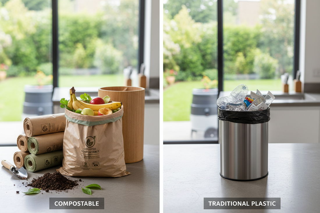 Side-by-side comparison of eco-friendly compostable bags filled with organic waste and traditional plastic trash bags in a modern sustainable kitchen setting, illustrating the environmental benefits of compostable alternatives