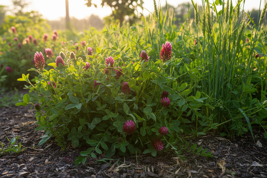 A vibrant home garden bed filled with blooming crimson clover, winter rye, and hairy vetch cover crops growing in rich, dark soil. Showcasing natural soil-building techniques for sustainable home gardening.