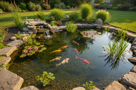 Beautiful crystal clear backyard pond with healthy koi fish swimming in clean water, decorative rocks, water lilies, and small waterfall feature in well-maintained American suburban garden