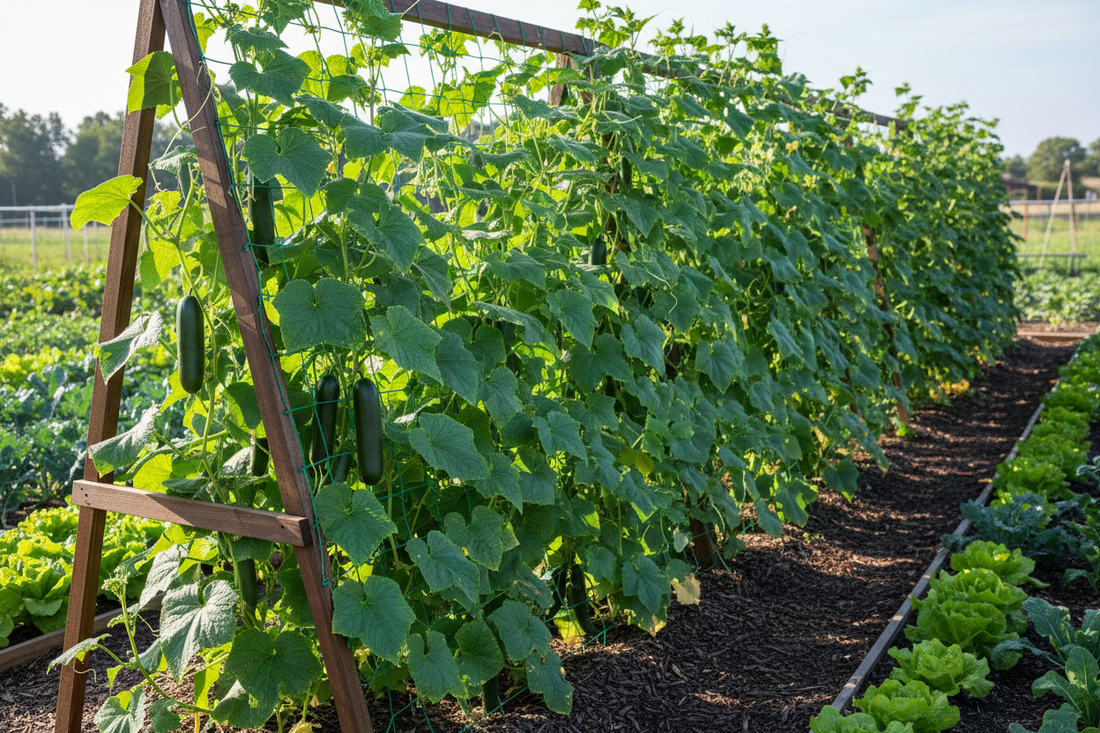 Healthy cucumber plants growing vertically on trellis system in organized vegetable garden