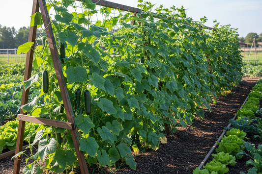 Healthy cucumber plants growing vertically on trellis system in organized vegetable garden
