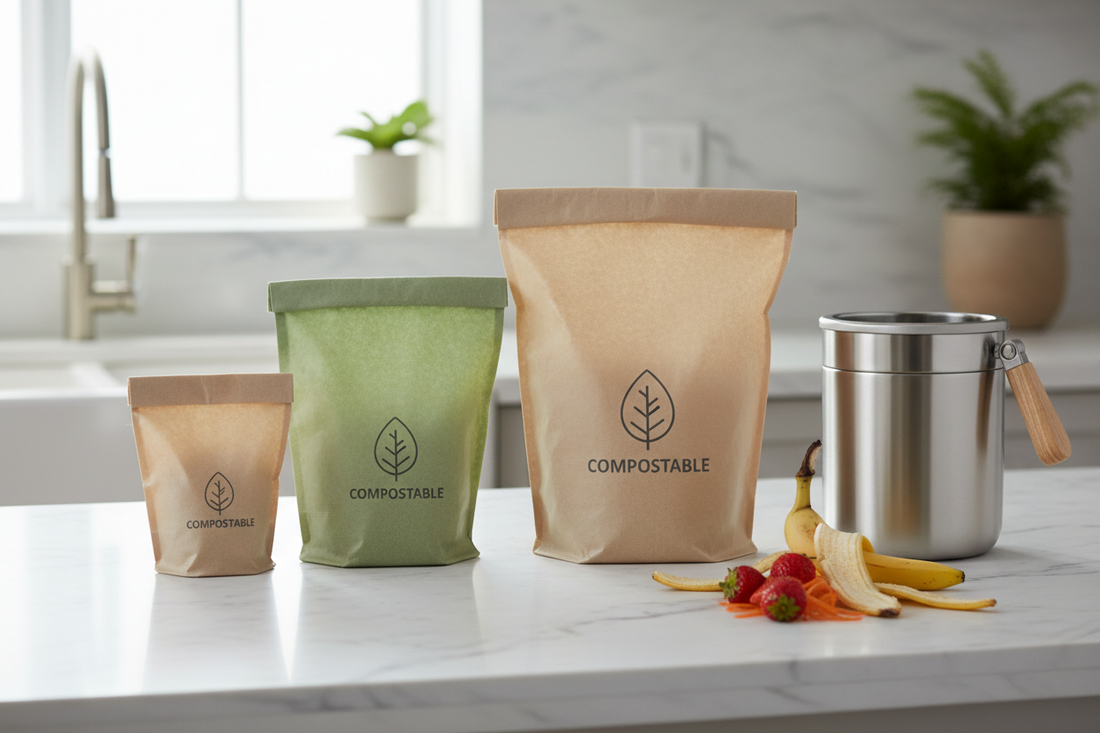 Three different sizes of eco-friendly compostable bags displayed on a kitchen counter with fresh vegetables and a compost bin, showing small, medium, and large bag options for household composting