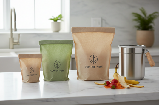 Three different sizes of eco-friendly compostable bags displayed on a kitchen counter with fresh vegetables and a compost bin, showing small, medium, and large bag options for household composting