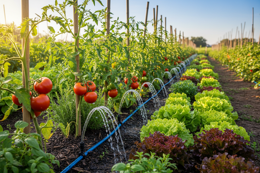 Thriving vegetable garden with drip irrigation system showing emitters delivering water directly to tomato plants, lettuce, and herbs with visible tubing demonstrating efficient water-saving gardening technique