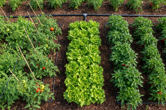 Drip irrigation system installed in a vegetable garden with black drip lines running along rows of tomatoes, lettuce, and peppers, showing water-efficient garden watering
