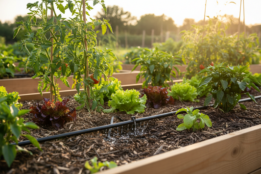 Drip irrigation system delivering water to healthy vegetable plants in a raised garden bed with visible tubing and emitters at plant bases