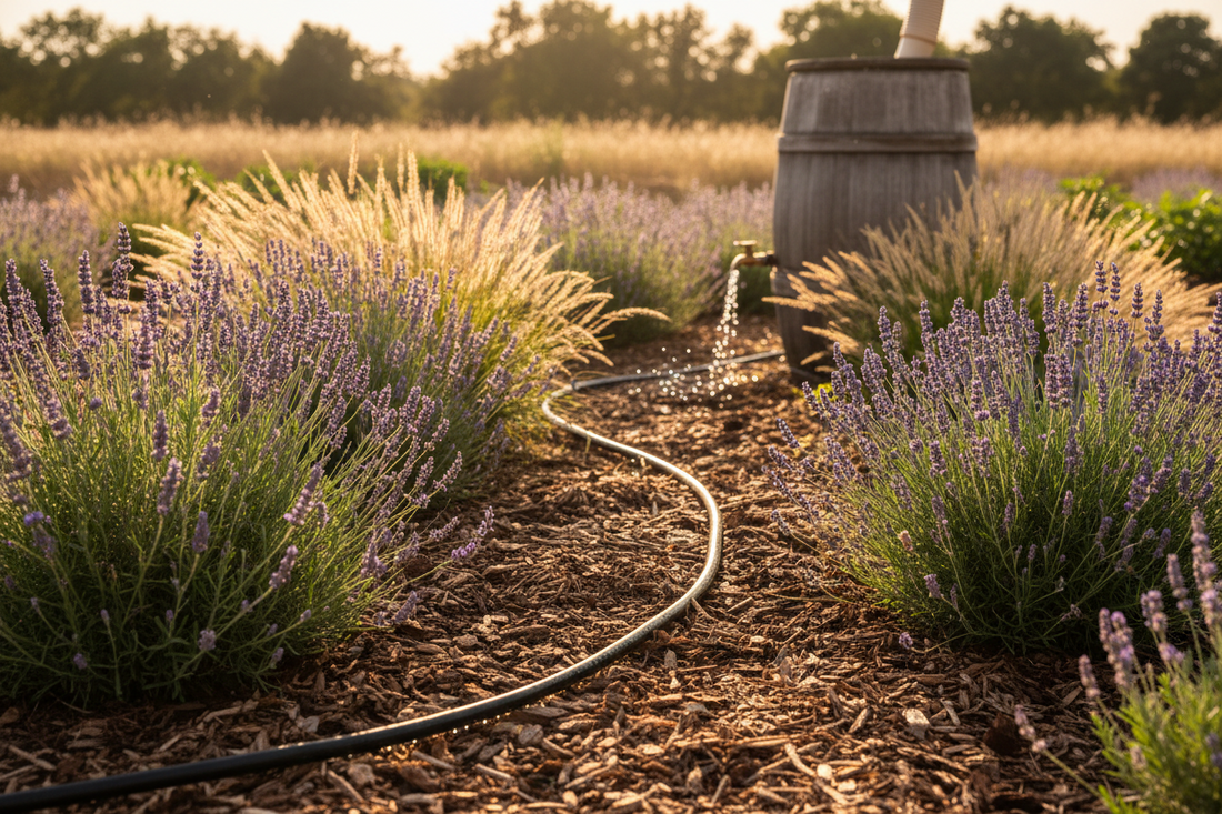 Sustainable drought-resistant garden featuring purple lavender, ornamental grasses, organic mulch ground cover, drip irrigation system, and rain barrel for water conservation during dry season
