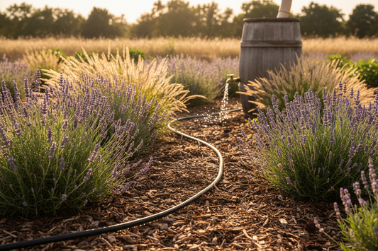 Sustainable drought-resistant garden featuring purple lavender, ornamental grasses, organic mulch ground cover, drip irrigation system, and rain barrel for water conservation during dry season