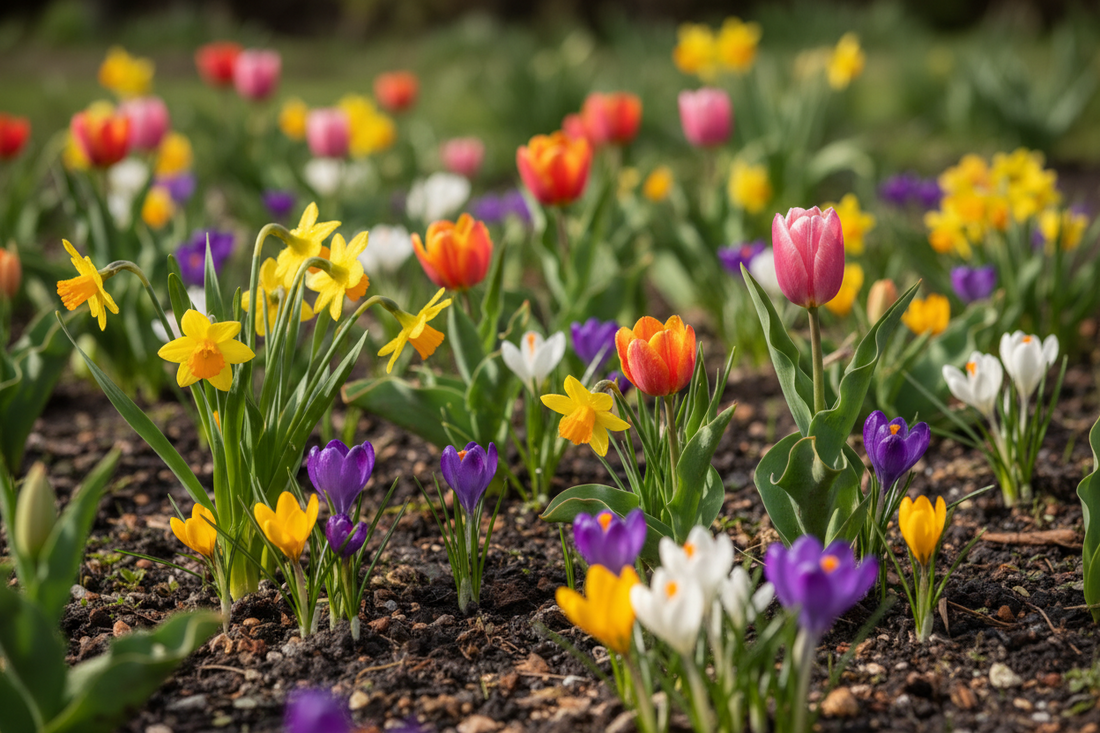  Vibrant early spring bulbs including crocuses, daffodils, and tulips blooming in rich garden soil with morning dew, showing colorful flowers emerging in a premium garden setting