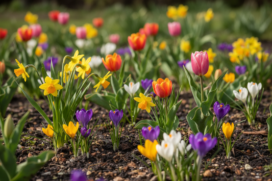  Vibrant early spring bulbs including crocuses, daffodils, and tulips blooming in rich garden soil with morning dew, showing colorful flowers emerging in a premium garden setting