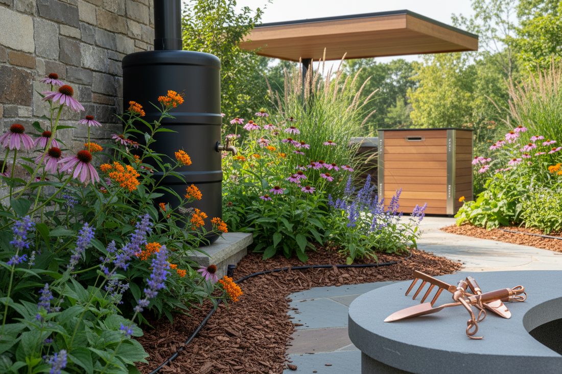 Sustainable eco-friendly garden featuring native plants, rainwater harvesting system, drip irrigation, and composting bin with natural mulch, showcasing premium outdoor living and environmental stewardship