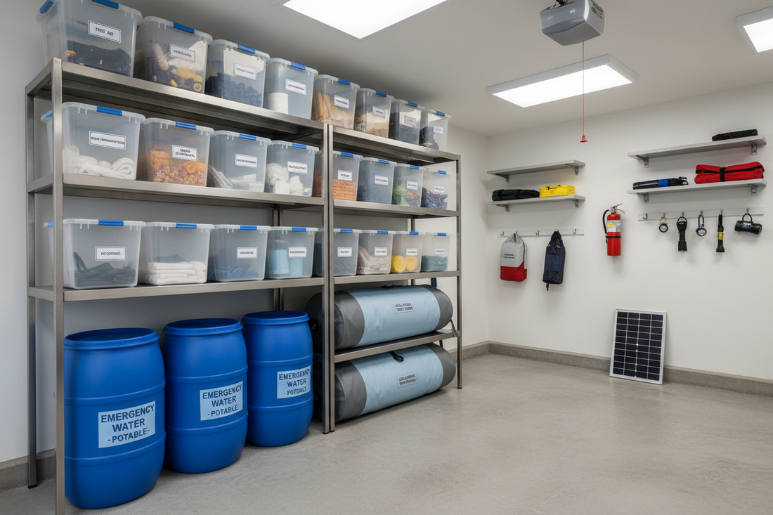  Well-organized emergency preparedness setup in American garage showing large portable water storage containers and collapsible water tanks with clear labeling demonstrating responsible home water storage solution