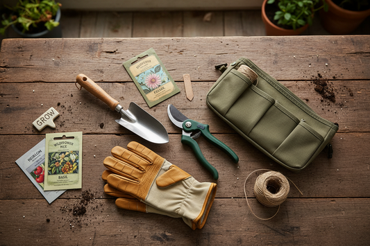 Essential gardening tools for beginners including hand trowel, pruning shears, garden gloves, and canvas tool belt arranged on wooden surface