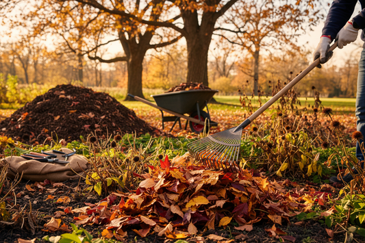 Gardener raking colorful autumn leaves in garden bed during fall cleanup with tools and perennials in background