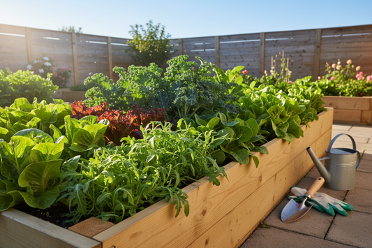 Fresh lettuce and leafy greens growing in a backyard raised bed garden
