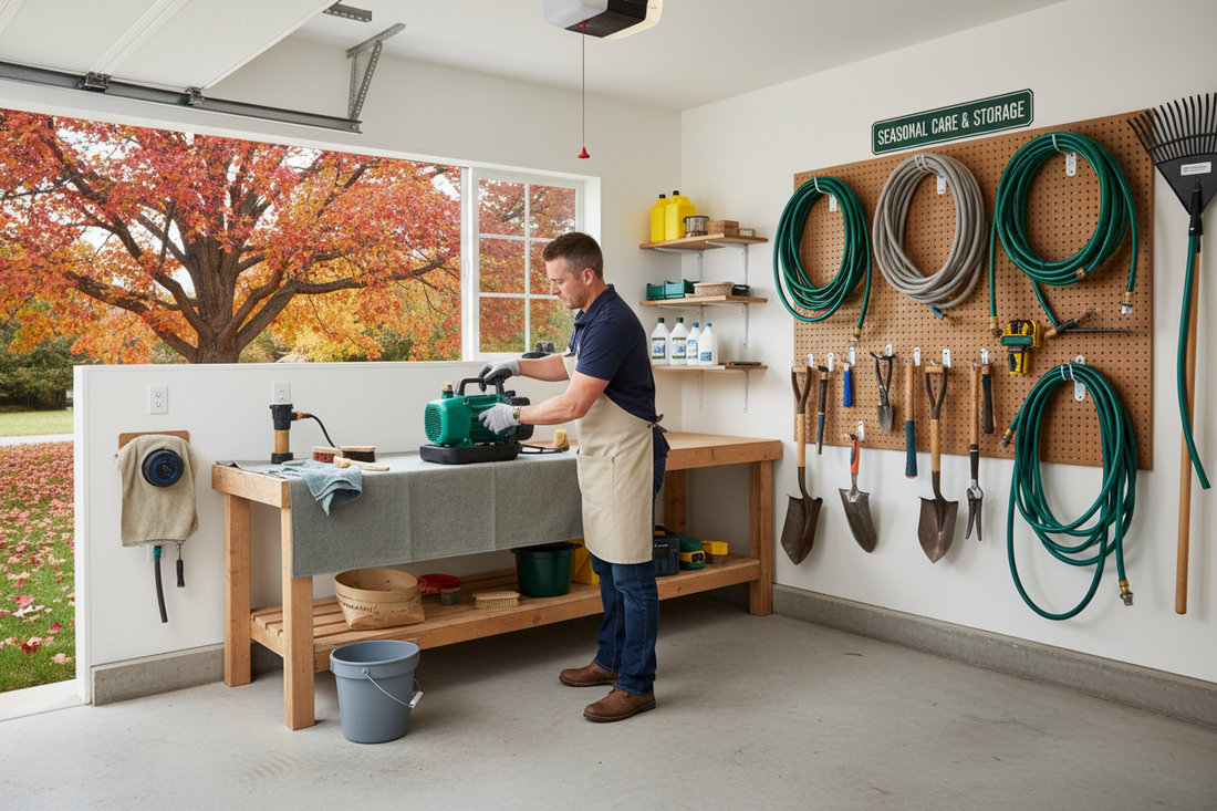  Organized American garage in autumn showing garden equipment winterization with water pump being drained irrigation timer removed and hoses coiled demonstrating proper seasonal maintenance and equipment care
