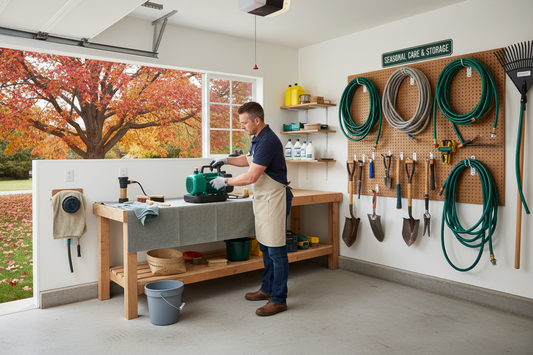  Organized American garage in autumn showing garden equipment winterization with water pump being drained irrigation timer removed and hoses coiled demonstrating proper seasonal maintenance and equipment care