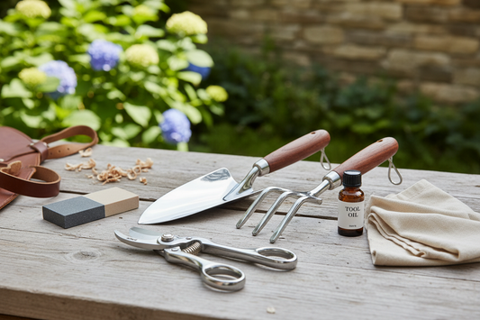Well-maintained premium garden tools including pruning shears, hand trowel, and garden fork arranged on wooden workbench with maintenance supplies like sharpening stone and oil for long-lasting performance
