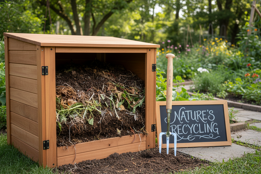 Well-maintained backyard compost bin showing layered brown and green materials with rich dark compost and gardening fork