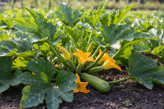 Healthy zucchini plants with green fruits and yellow flowers growing in rich garden soil