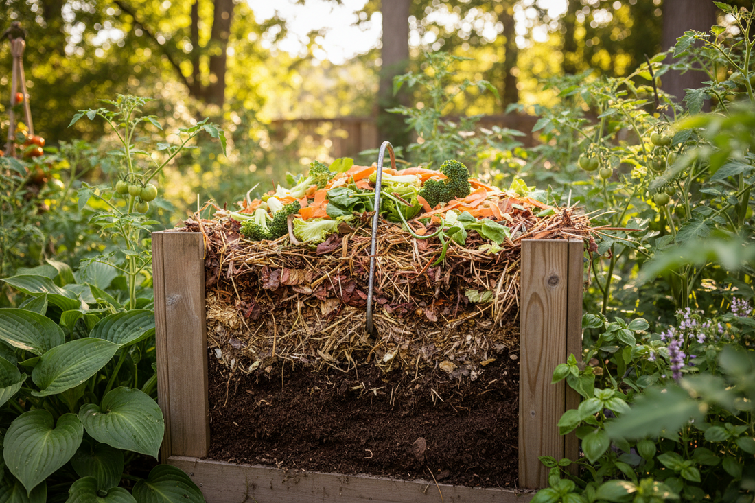 Home compost bin in backyard garden showing layers of organic materials including vegetable scraps and leaves with finished dark compost