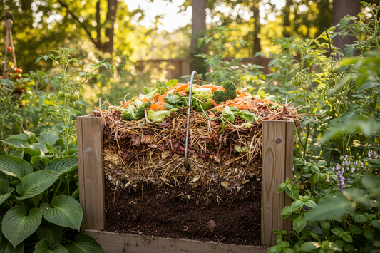 Home compost bin in backyard garden showing layers of organic materials including vegetable scraps and leaves with finished dark compost