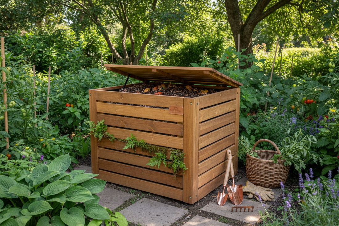 A premium wooden home composting bin surrounded by lush garden plants, showing rich dark compost and eco-friendly garden tools in a beautifully