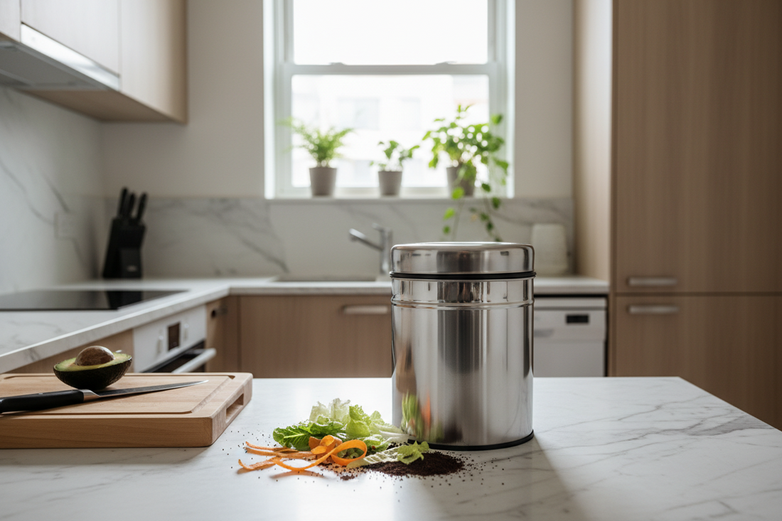 Stainless steel kitchen compost bin on countertop in small apartment with fresh vegetable scraps and natural lighting