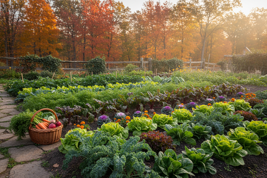 Thriving fall garden with rows of cool-season vegetables including leafy greens, kale, and root vegetables ready for harvest in autumn sunlight