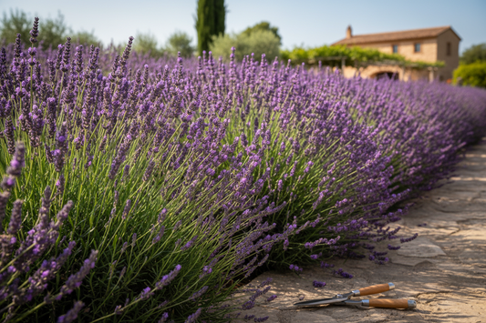 Vibrant purple lavender plants in full bloom in a sunny garden, ready for harvesting