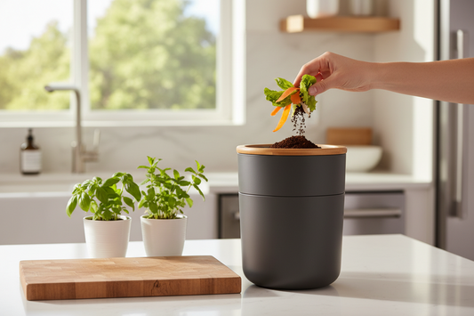 Modern kitchen countertop with indoor compost bin and fresh vegetable scraps for home composting