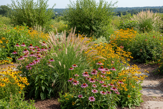 Vibrant native plant garden featuring purple coneflowers, black-eyed susans, and ornamental grasses with butterflies and pollinators.