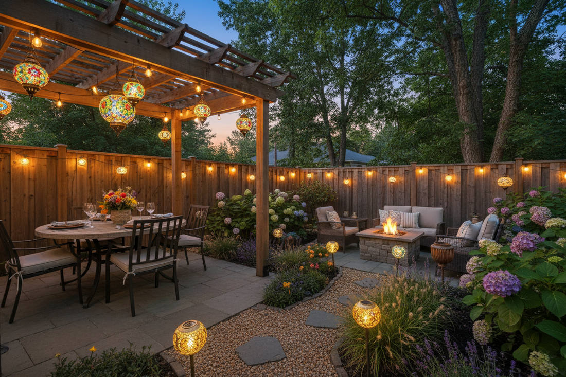 Beautiful American backyard patio at dusk with colorful mosaic solar lanterns hanging from pergola creating warm ambient lighting for outdoor dining and entertaining in cozy evening atmosphere