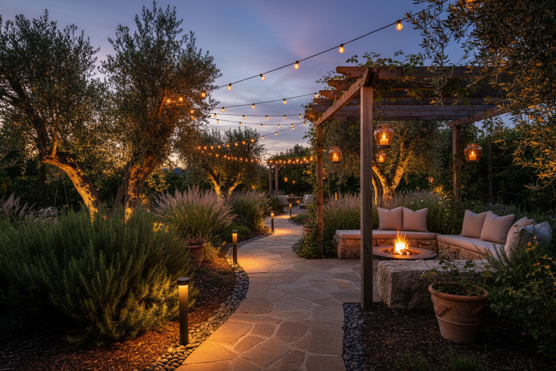 A premium outdoor garden at dusk featuring elegant solar pathway lights, warm glowing lanterns, and string lights draped over a pergola surrounded by lush