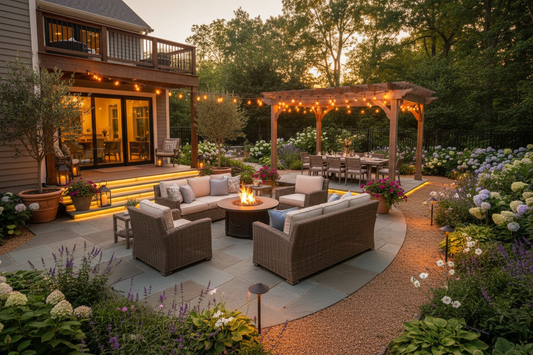  Beautiful American backyard at dusk with elegant outdoor lighting illuminating patio, string lights, and pathway lights creating an inviting outdoor living space