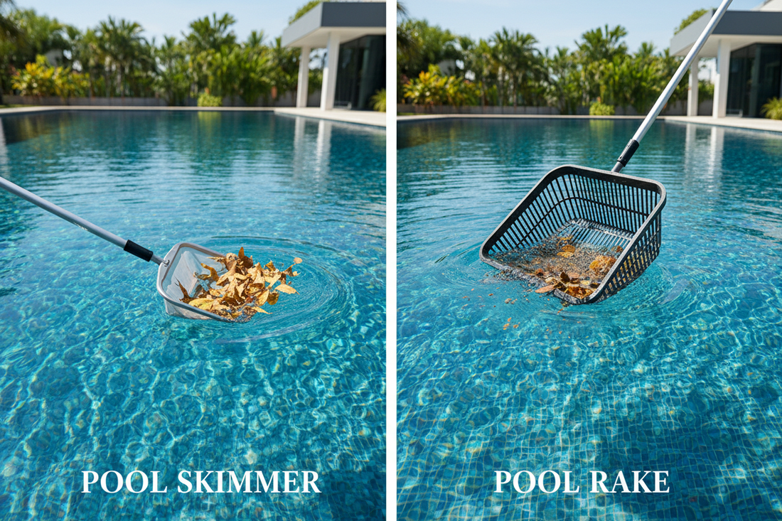 Side-by-side comparison of pool skimmer removing floating debris from water surface and pool rake collecting sunken leaves from pool bottom
