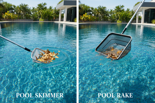 Side-by-side comparison of pool skimmer removing floating debris from water surface and pool rake collecting sunken leaves from pool bottom