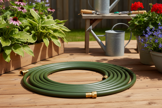 Premium rubber garden hose with brass fittings coiled on wooden deck surrounded by lush garden plants and flowers - garden hose buying guide 2026