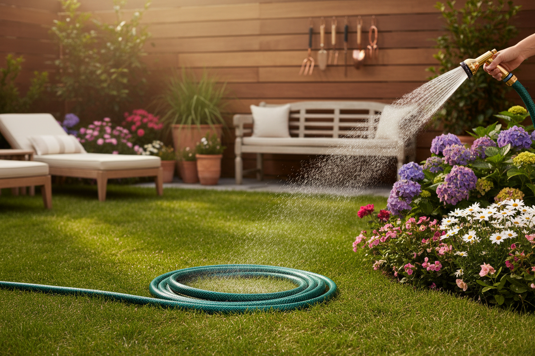 Premium garden hose watering flower beds in a well-maintained backyard garden with lush green lawn and vibrant plants