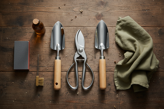 Premium garden tools including pruning shears, spade, and trowel with maintenance supplies like sharpening stone, oil, and cleaning cloth on wooden workbench