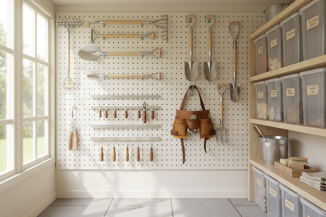 Well-organized garden shed with wall-mounted tools, tool belt, and storage bins demonstrating professional garden tool organization
