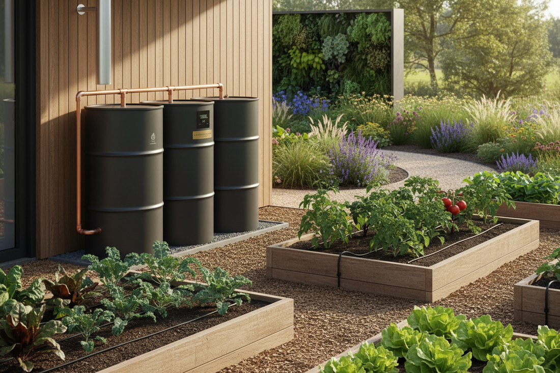 A modern rainwater harvesting barrel connected to a home downspout beside raised garden beds with drip irrigation lines, surrounded by thriving vegetables in a premium eco-friendly